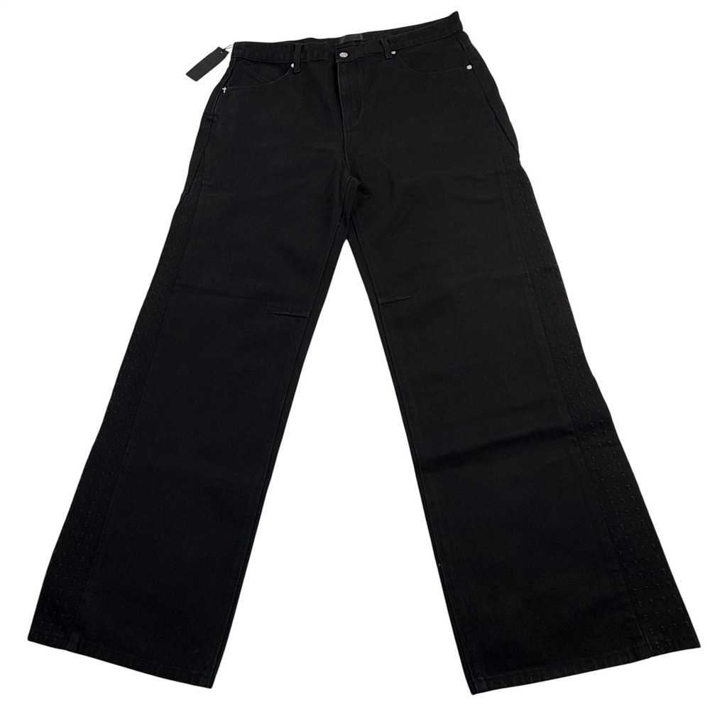 RtA Black Wide Leg Denim Jeans Cross Textured Side Panel Relaxed Fit NWT